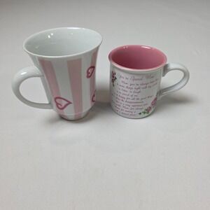 Coffee Mugs Set of 2 Carlton Cards Mom Poem Hearts Stripes Stoneware Pink White